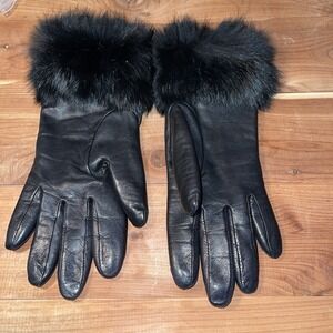 Women's Black SOFT LEATHER GLOVES 100% Cashmere Lined FUR Cuffs Size 7 Vintage